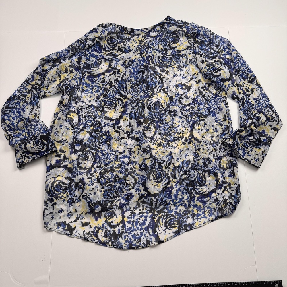 Liz Claiborne Womens 1X Blue Yellow Floral Print Long Sleeve Blouse Tunic - Picture 7 of 10